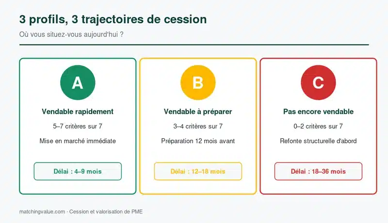 Trois profils de vendabilité et leurs trajectoires de cession