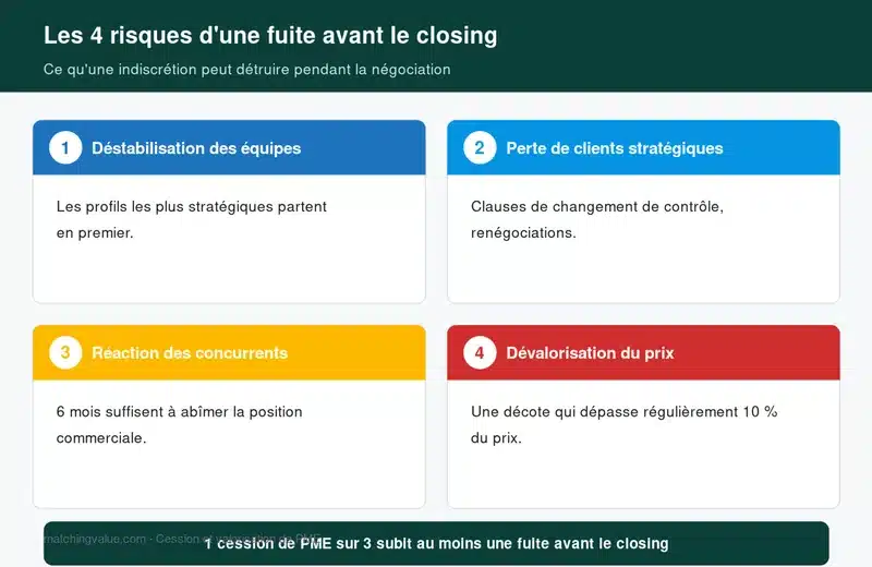 Les quatre risques d'une fuite avant le closing : déstabilisation des équipes, perte de clients, réaction des concurrents, dévalorisation du prix