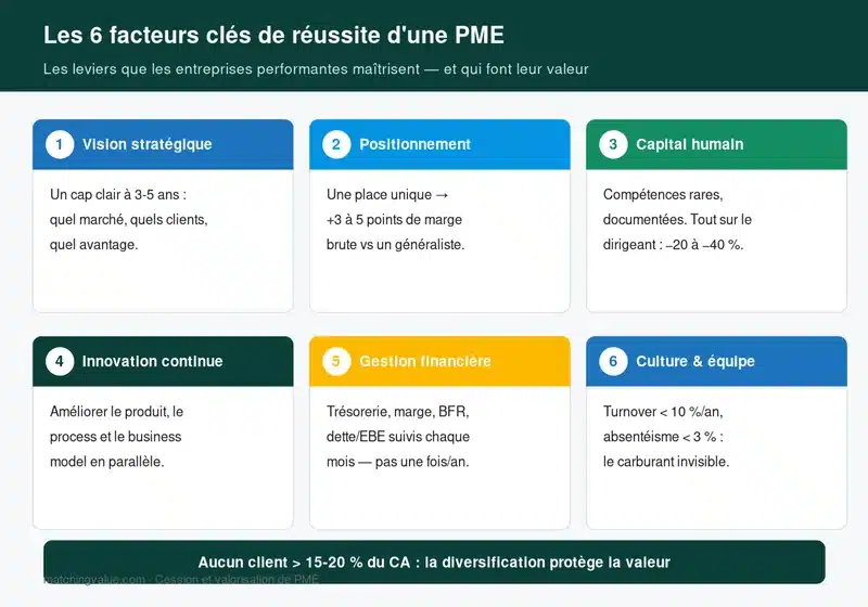 Les six facteurs clés de réussite d'une PME : vision, positionnement, capital humain, innovation, gestion financière, culture