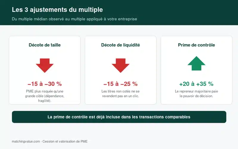 Les trois ajustements du multiple en valorisation par comparables : décote de taille, décote de liquidité, prime de contrôle