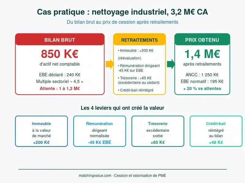 Cas pratique d'une PME de nettoyage industriel : du bilan brut à 850 K€ à un prix de cession de 1,4 M€