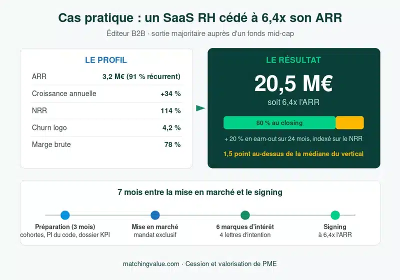 Cas pratique d'un éditeur SaaS RH cédé 20,5 M€ soit 6,4x l'ARR : profil (ARR 3,2 M€, croissance +34 %, NRR 114 %, churn logo 4,2 %, marge brute 78 %), prix payé 80 % au closing et 20 % en earn-out, et frise des étapes jusqu'au signing