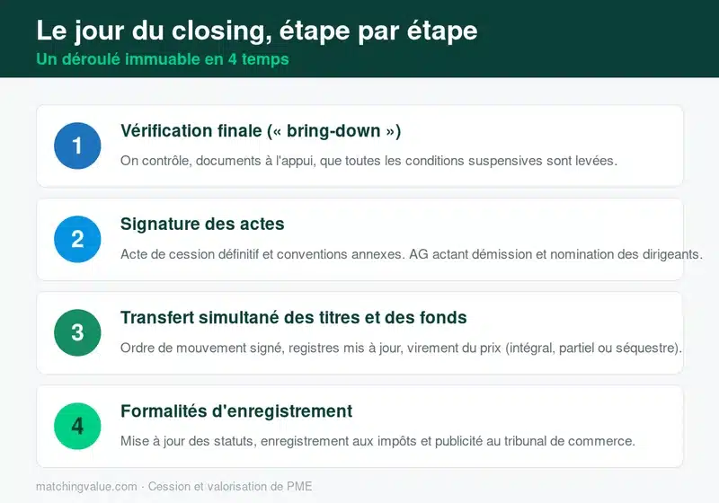 Le déroulé du jour du closing en quatre étapes : vérification finale, signature des actes, transfert des titres et des fonds, formalités d'enregistrement