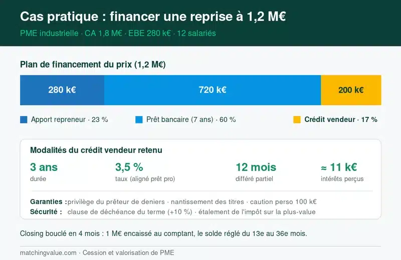 Cas pratique : reprise à 1,2 M€ financée par apport 280 k€, prêt bancaire 720 k€ et crédit vendeur 200 k€