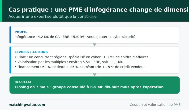 Cas pratique : une PME d'infogérance acquiert un spécialiste régional de la cybersécurité valorisé 5,5 fois l'EBE pour changer de dimension