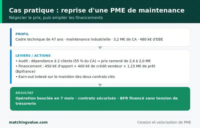 Cas pratique : reprise d'une PME de maintenance industrielle de 3,2 M€ de chiffre d'affaires, prix négocié et financement empilé via une holding