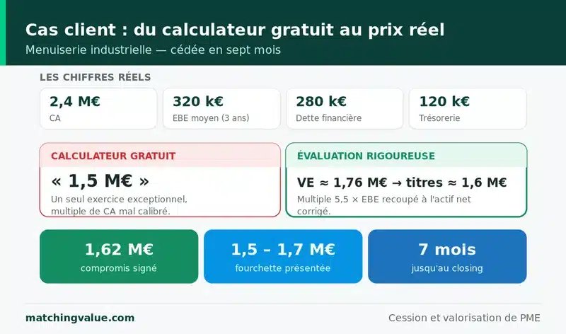 Cas client d'une menuiserie : un calculateur gratuit annoncait 1,5 M€ sur un seul exercice, tandis qu'une evaluation rigoureuse par multiple d'EBE et actif net corrige aboutit a une valeur des titres d'environ 1,6 M€ et a un compromis signe a 1,62 M€