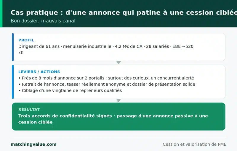 Cas pratique : une PME de menuiserie passe d'une annonce généraliste qui patine à une cession ciblée auprès de repreneurs qualifiés