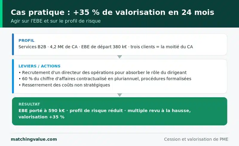 Cas pratique : une entreprise de services B2B porte son EBE de 380 000 à 590 000 € et gagne 35 % de valorisation en deux ans