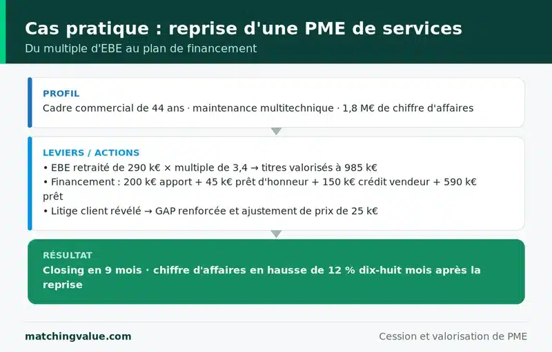 Cas pratique : reprise d'une PME de services valorisée 985 000 € sur la base d'un multiple de 3,4 fois l'EBE retraité, financée en holding