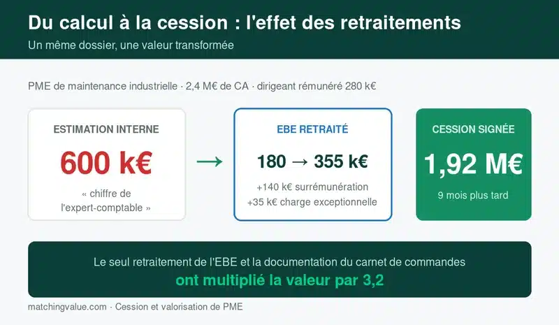 Cas client : retraitement de l'EBE faisant passer la valorisation d'une PME de 600 k€ à 1,92 M€