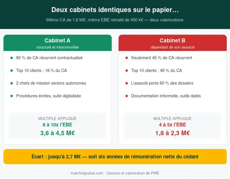 Comparaison de deux cabinets comptables au même chiffre d'affaires et au même EBE : 8 à 10x l'EBE pour le cabinet structuré contre 4 à 5x pour le cabinet dépendant de son associé