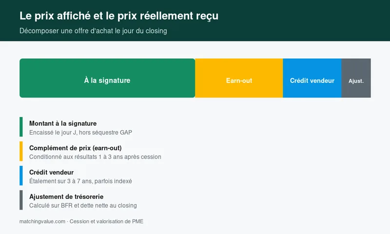Décomposition du prix payé par un acquéreur : signature, earn-out, crédit vendeur, ajustement de trésorerie