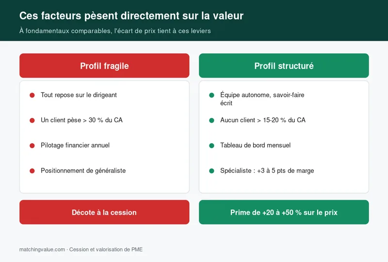 Impact des facteurs de réussite sur la valeur de cession : décote pour un profil fragile, prime pour un profil structuré