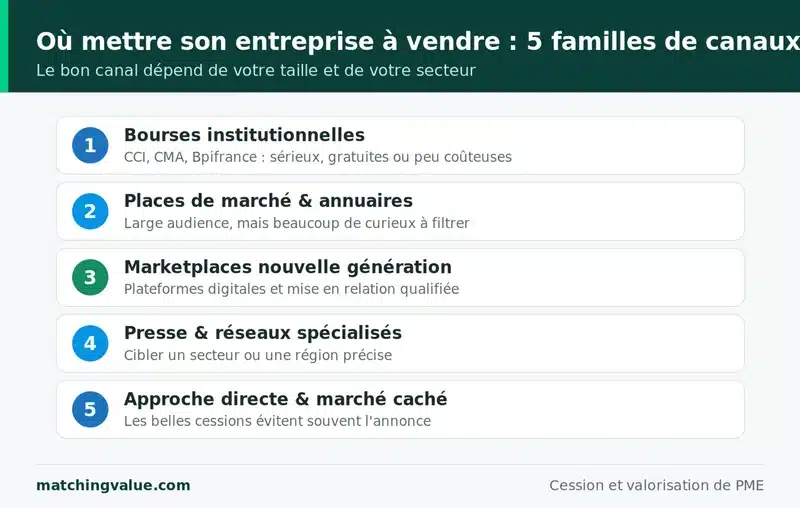Les cinq familles de canaux pour mettre son entreprise à vendre : bourses institutionnelles, places de marché, marketplaces, presse spécialisée et approche directe