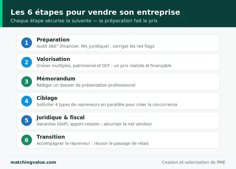 Les six etapes pour vendre son entreprise : preparation et audit, valorisation, redaction du memorandum, ciblage des repreneurs, securisation juridique et fiscale, puis transition
