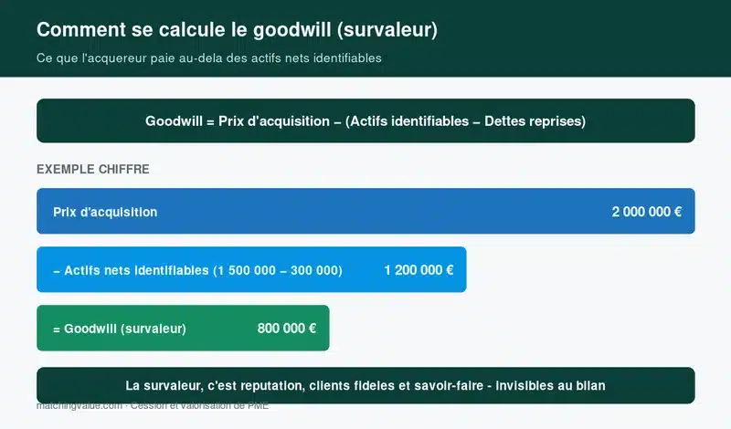 Formule et exemple chiffre du calcul du goodwill (survaleur) d'une entreprise