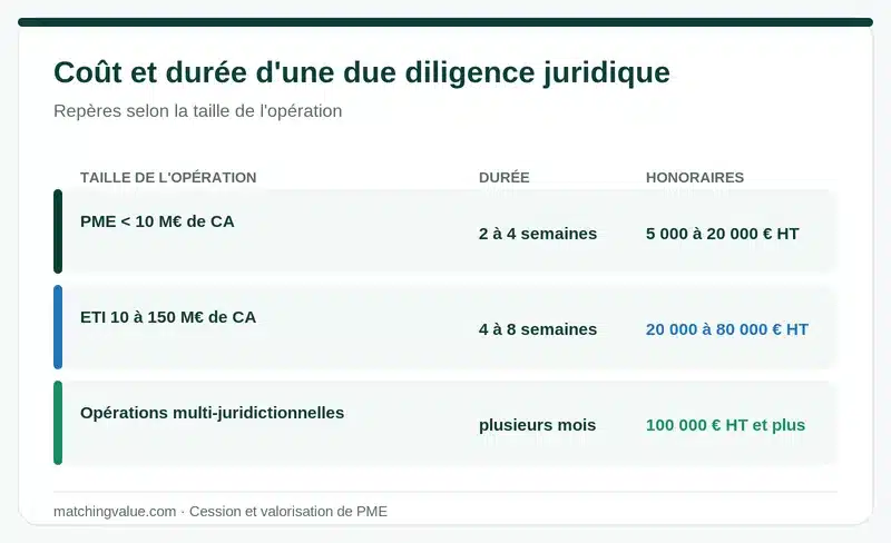 Coût et durée d'une due diligence juridique : PME 2 à 4 semaines et 5 à 20 000 € HT, ETI 4 à 8 semaines et 20 à 80 000 € HT
