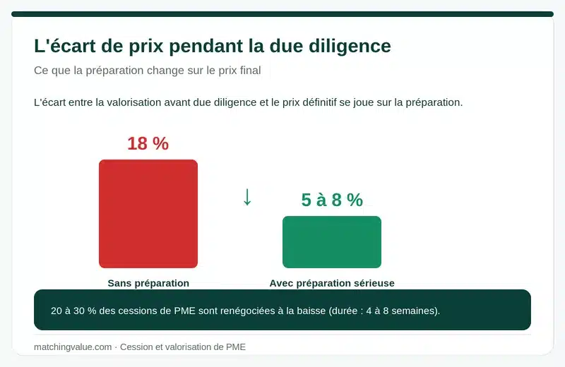 Écart de prix pendant la due diligence : 18 % en moyenne sans préparation, ramené à 5 à 8 % avec une préparation sérieuse