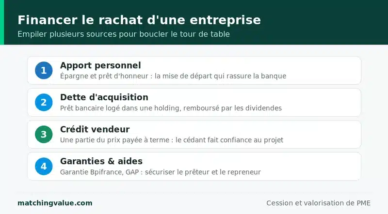 Plan de financement d'un rachat d'entreprise : apport personnel, dette d'acquisition, crédit vendeur et garanties Bpifrance