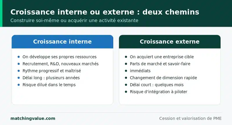 Croissance interne ou croissance externe : développer ses ressources sur plusieurs années contre acquérir une entreprise cible en quelques mois