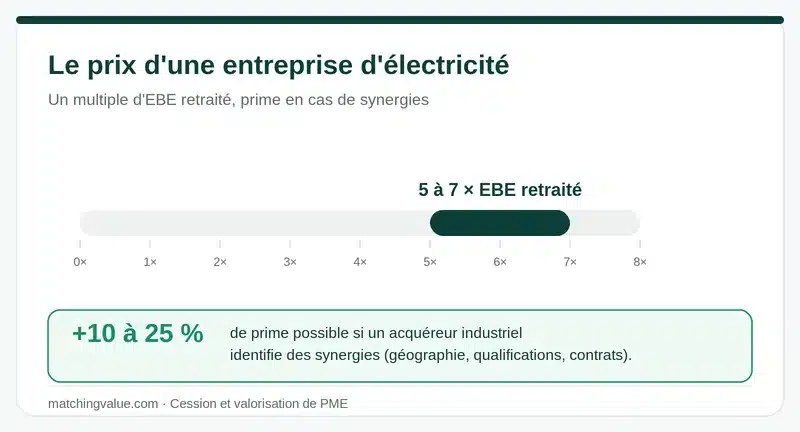 Prix de vente d'une entreprise d'électricité : 5 à 7 fois l'EBE retraité, prime de 10 à 25 % en cas de synergies industrielles