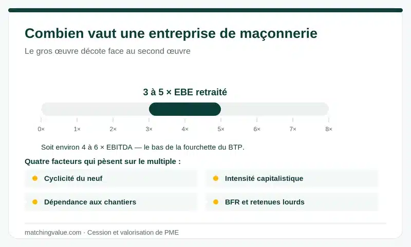 Valorisation d'une entreprise de maçonnerie : 3 à 5 fois l'EBE retraité, bas de la fourchette du BTP, quatre facteurs de décote