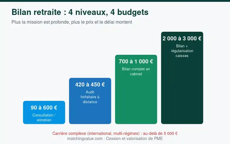 Bilan retraite : quatre niveaux de prix Quatre niveaux de prestation de bilan retraite et leurs budgets
