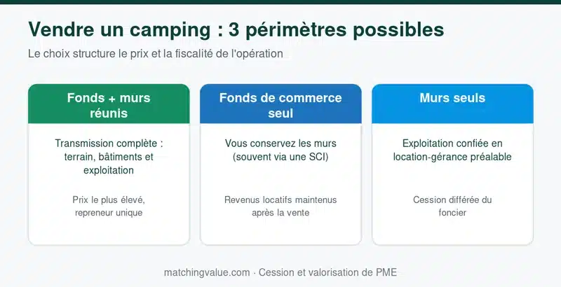 Trois périmètres de cession d'un camping : fonds et murs, fonds seul, murs seuls