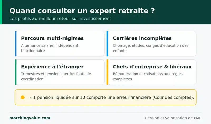 Quand consulter un expert retraite : les parcours multi-regimes, les carrieres incompletes, les experiences a l'etranger et les chefs d'entreprise ou professions liberales sont les profils au meilleur retour sur investissement