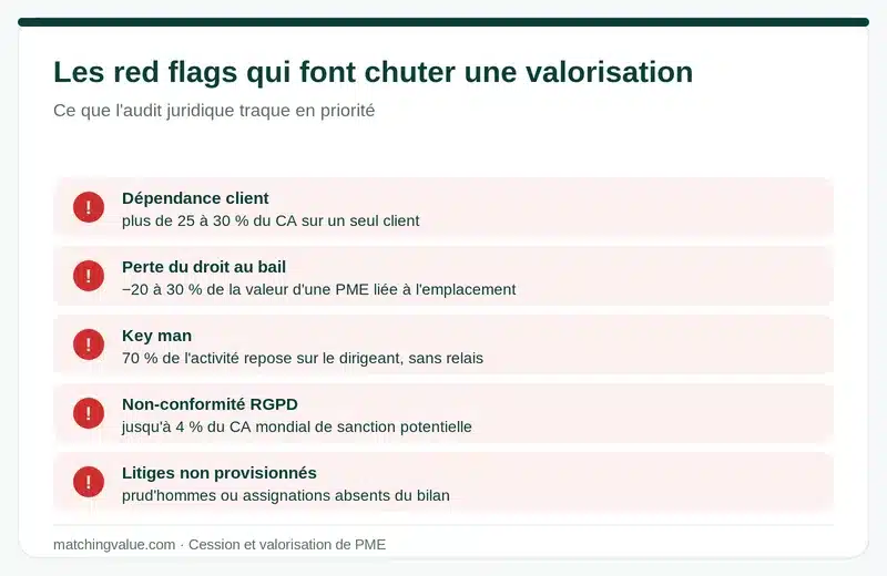 Red flags d'une due diligence juridique : dépendance client, perte du droit au bail, key man, non-conformité RGPD, litiges non provisionnés