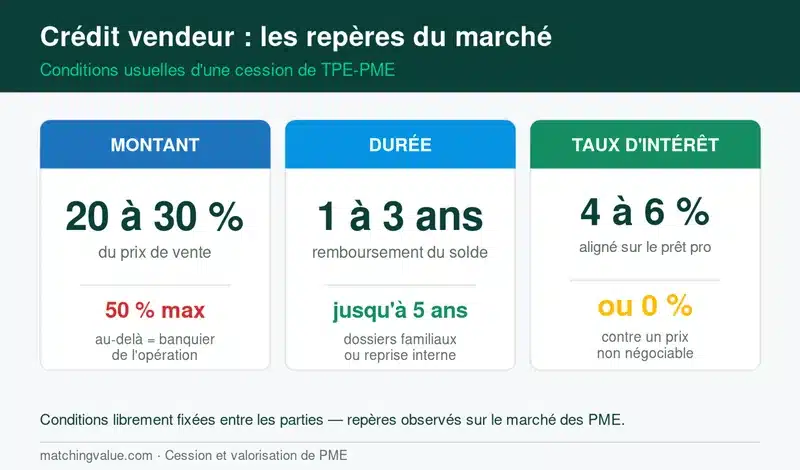 Repères du crédit vendeur : montant 20 à 30 % du prix, durée 1 à 3 ans, taux 4 à 6 % ou 0 %