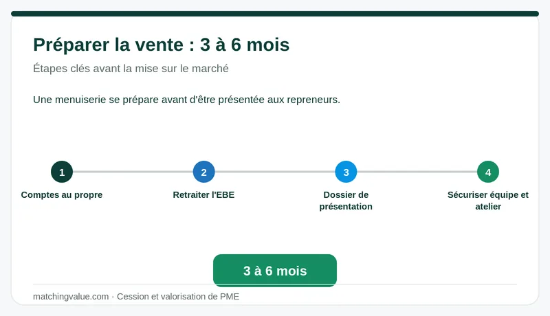 Préparer la vente d'une menuiserie en 3 à 6 mois : comptes au propre, retraitement de l'EBE, dossier de présentation, sécurisation de l'équipe et de l'atelier