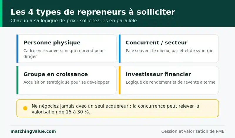 Les quatre types de repreneurs a solliciter en parallele : personne physique, concurrent du secteur, groupe en croissance externe et investisseur financier ; la mise en concurrence peut relever la valorisation de 15 a 30 pour cent