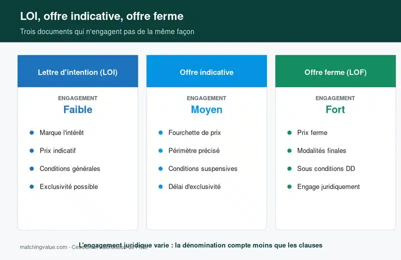 Comparaison entre lettre d'intention, offre indicative et offre ferme dans une cession d'entreprise