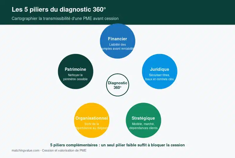 Les cinq piliers d'un diagnostic de transmissibilité d'une PME : financier, juridique, stratégique, organisationnel, patrimonial