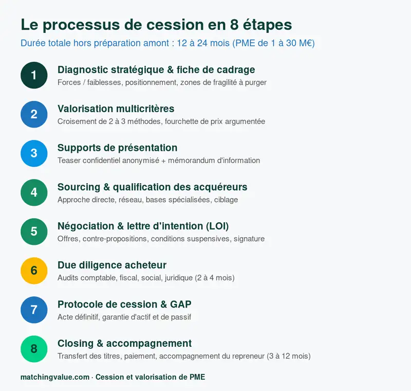 Les huit étapes du processus de cession d'une PME, du diagnostic au closing