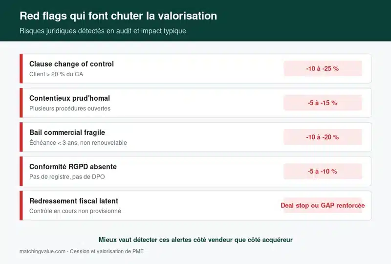 Red flags juridiques qui font chuter une valorisation d'entreprise en due diligence