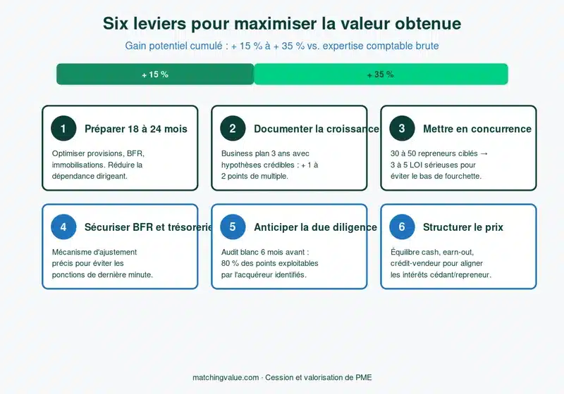 Les six leviers pour maximiser la valeur obtenue à la transmission d'une PME : préparation, business plan, concurrence, BFR, due diligence, structuration du prix